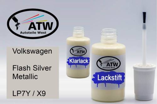 Volkswagen, Flash Silver Metallic, LP7Y / X9: 20ml Lackstift + 20ml Klarlack - Set, von ATW Autoteile West.